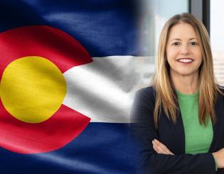 Dr. Marielena DeSanctis on the left. Colorado flag on the right.
