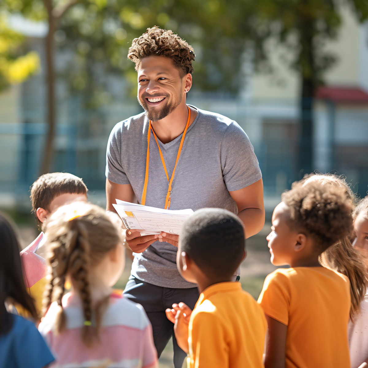 male teacher outside with young students