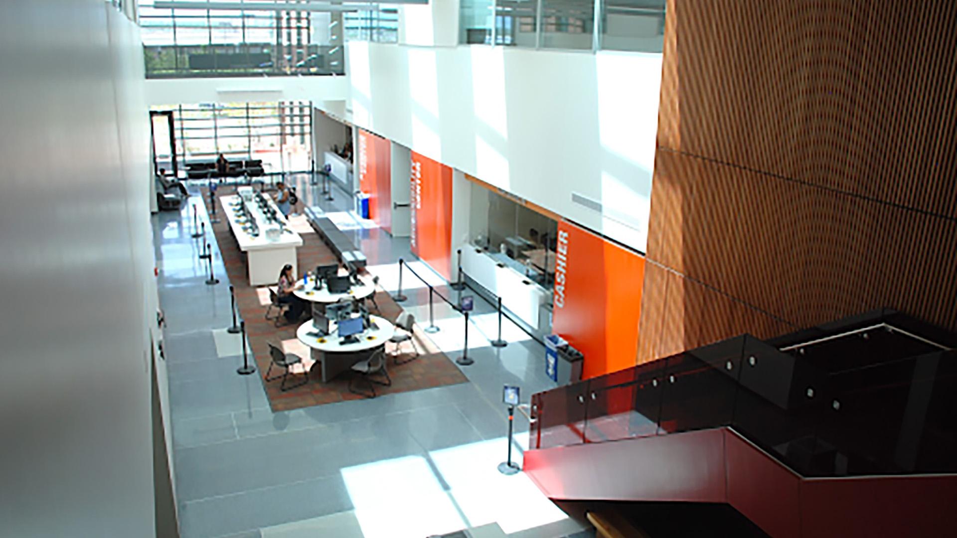University hallway with tables and seats 